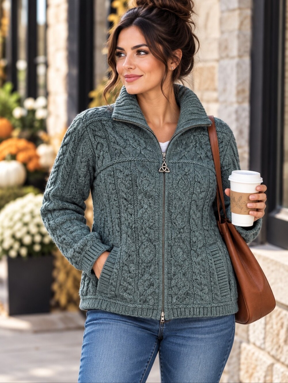 Aran Mor Ireland 100% Merino Wool Cable Knit Zip Cardigan XL Green
